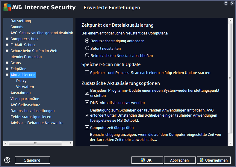 Erweiterte Zeitplanoptionen In diesem Bereich können Sie festlegen, unter welchen Bedingungen das Anti-Spam-Update gestartet oder nicht gestartet werden soll, wenn sich der Computer im Stromsparmodus