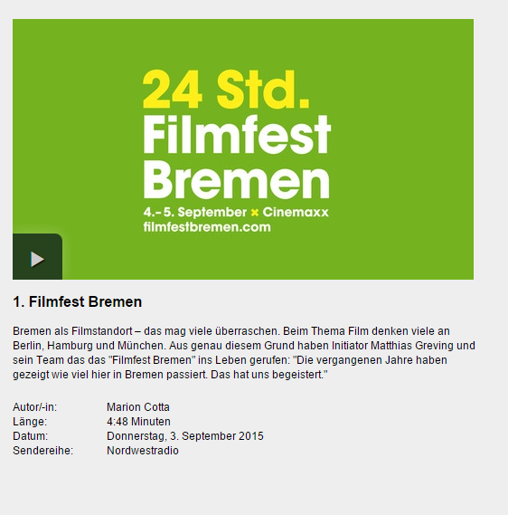 Nordwestradio 3.9.2015 Link zum Beitrag in der Mediathek: http://www.radiobremen.