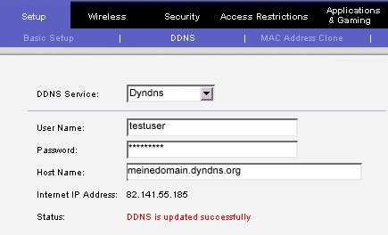 2. Schritt: Einrichten der dyndns-domain im Router Damit der eibport ständig über das Internet erreichbar ist, muss der Router sich bei jedem Einwahlvorgang bei dyndns.org anmelden.