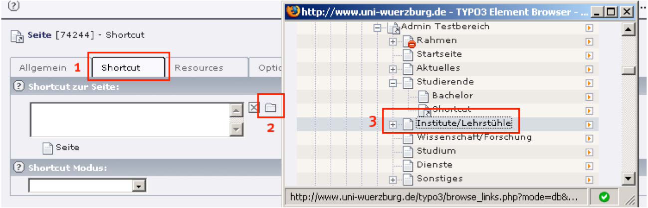 Mit dieser Methode kann der Typ einer Seite immer verändert werden. Alternativ kann bereits beim Erstellen der Seite Shortcut als Typ ausgewählt werden. Wechseln Sie auf das Tab Shortcut (1).