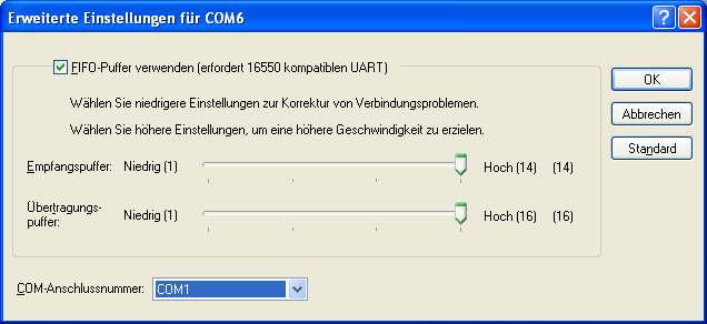Wähle belieben anderen (verfügbaren) COM Port: In diesem Beispiel habe ich nun die alte COM1 Schnittstelle auf COM7 gelegt.