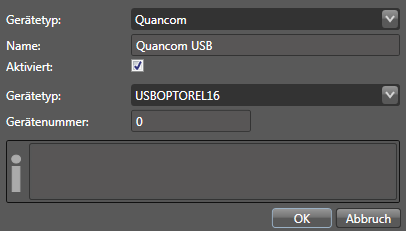7.5.3 Quancom USB-Gerät Bevor die IO-Ports (vgl. IO-Ports) eines Quancom USB-Gerätes in digivod verwendet werden können, muss das Gerät als externes Gerät angelegt werden.