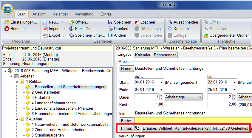 Zu jeder Arbeit kann die ausführende Firma gespeichert werden Zu jeder Arbeit können Sie nun auch die