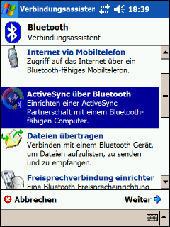 Verwenden von Bluetooth Herstellen einer ActiveSync Verbindung Sie können eine ActiveSync Partnerschaft mit einem Bluetoothfähigen Computer herstellen, indem Sie zuerst den Computer und danach Ihren