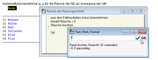 Klicken Sie den Dialog zur Infiltration noch einmal durch; an den Einstellungen zu Luftwechselzahl und Differenzdruck ändert sich nichts, da die Wohnung insgesamt weiter mit freier Lüftung