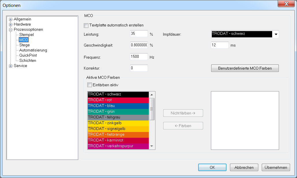Prozessoptionen MCO (Multi Color Option) Textplatte automatisch erstellen: Erstellt Stempel automatisch, wenn MCO Jobs bearbeitet werden.