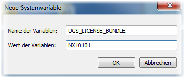 Klicken Sie auf Neu. Fügen Sie die Variable UGS_LICENSE_BUNDLE ein. Den Wert für Ihre Variable entnehmen Sie dem Lizenzfile. Zum Beispiel:.