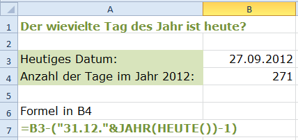 Beispiel 1: Ermitteln, der wievielte Tag des Jahres heute ist Wie du weißt, speichert Excel das Datum als fortlaufende Zahl seit dem 01.01.1900.