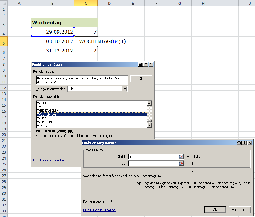 Wochentag Im Funktionsassistenten findest du unter Funktionen auch eine Funktion WOCHENTAG, die genau diese Zahl ausgibt, damit kann man dann in Formeln