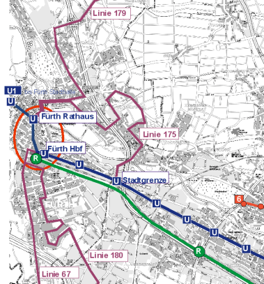 Wetzendorf und Johannis im Norden sind nicht direkt erreichbar. Die Linie 179 verbindet die Stadtteile Großgründlach und die Schmalau mit Fürth.