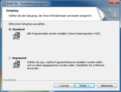 Wählen Sie nun bei der Installation von pixel-fox die Option Standard und klicken Weiter : Das angepasste Setup ist lediglich bei der Verwendung von Vifox mit bestimmter Hardware (Vifox Wifi Option)