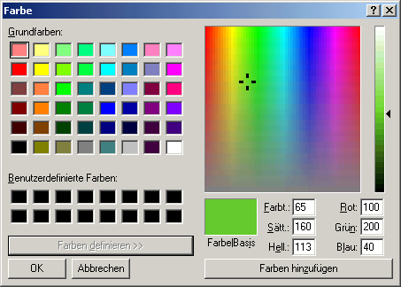 SWT Widgets: ColorDialog 1 Shell shell = SWTUtil.getShell(); 2 3 ColorDialog cd = new ColorDialog(shell); 4 cd.setrgb(new RGB(100,200,40)); 5 RGB rgb = cd.open(); 6 7 if (rgb!= null) { 8 System.out.
