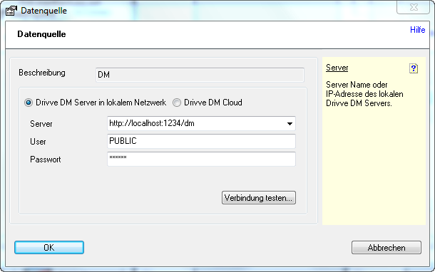 4. Tragen Sie eine Beschreibung ein und wählen Sie die Option Drivve DM Server in lokalem Netzwerk.