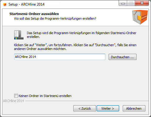 10 1.4.7 Dongle Treiber aktivieren / deaktivieren Sie den Dongle Treiber und klicken Sie auf Weiter um fortzufahren. 1.4.8 Startmenü-Ordner Wählen Sie den Verzeichnisnamen für die ARCHLine 2014 Startmenü Einträge.