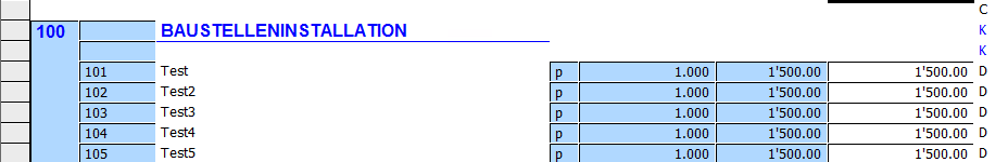 1.24.4. Eigentext-Offerte drucken Starten Sie für einen Vergleichen mit den nicht vercodeten Positionen des ersten Offert-Ausdrucks jetzt nochmals einen Offert-Ausdruck. 1.