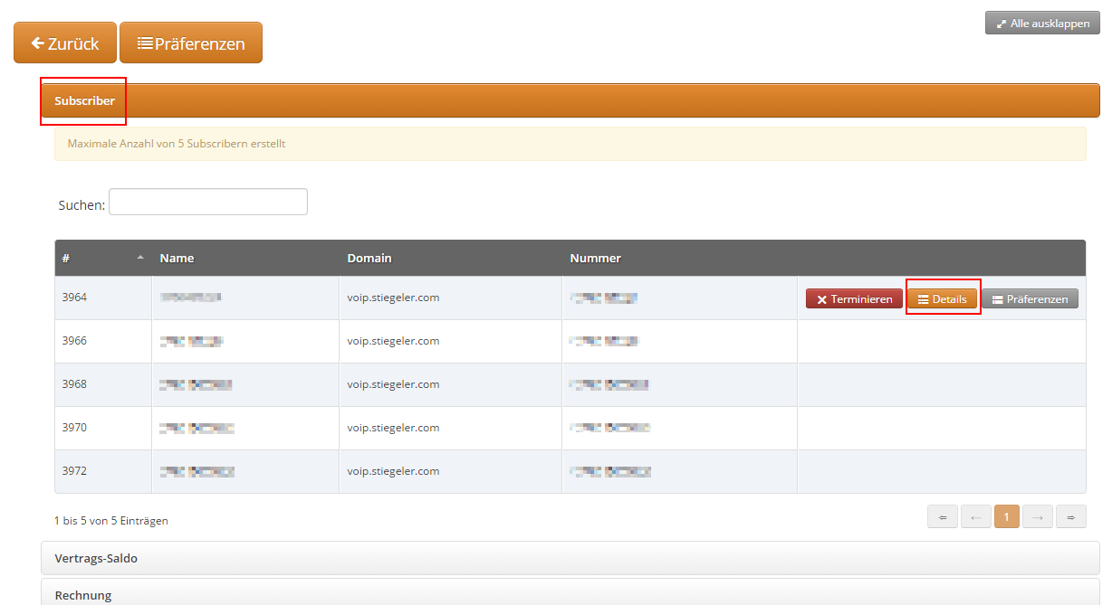 Unter dem Menüpunkt Subscriber sehen Sie Ihre Rufnummern.