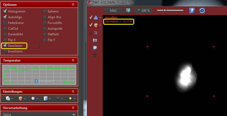 Abhängig von der eingestellten Aufnahmedauer wird nachdem Setzen der DeRotate -Option das Jupiterbild entsprechend zurück gedreht.