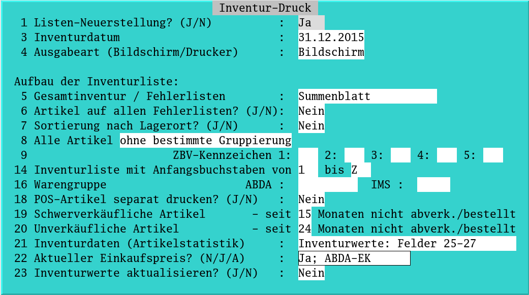 Alternative Auswertungen zum Summenblatt (Auswahl): Summenblatt ohne POS-Differenzen Ausdruck ohne Artikel Gesamtliste ohne POS-Differenzen Ausdruck inkl.