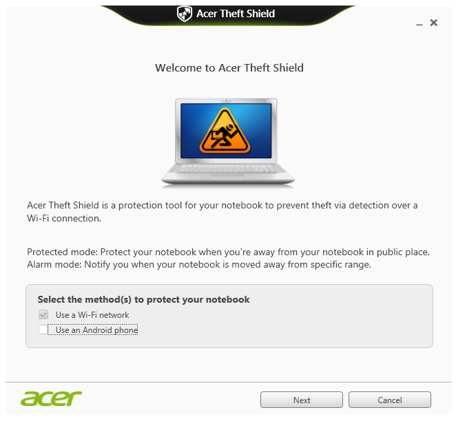 54 - Acer Theft Shield ACER THEFT SHIELD Hinweis Dieses Feature steht nur für bestimmte Modelle zur Verfügung. Acer Theft Shield ist ein Tool, mit dem Sie Ihren Computer vor Diebstahl schützen können.