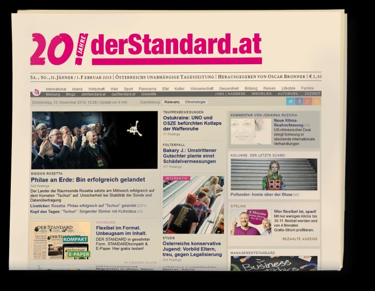 20 Jahre Österreichs erstes und erfolgreichstes Online-Medium wird 20! ist vor 20 Jahren als erste deutschsprachige Online-Tageszeitung gestartet und hat sich bis heute seinen Pioniergedanken bewahrt.