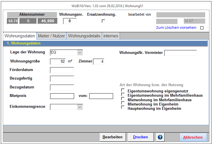 Über den Button Drucken können Sie die Eigentümer und Objektdaten jederzeit auf einem installierten Drucker ausgeben. Der Button Hilfe bietet Ihnen evtl.