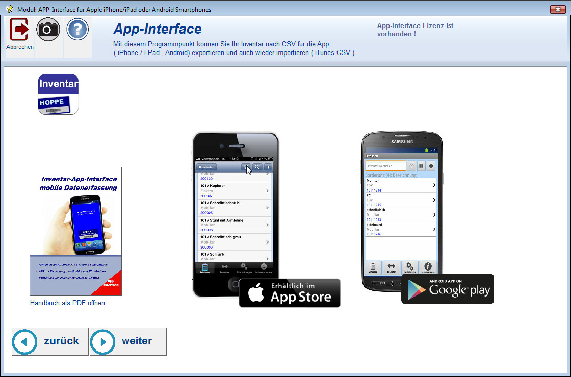 Inventarsoftware 2016 APP-Interface - 12-3 App-Interface- Beschreibung Bitte aktivieren Sie das Modul App-Interface über den