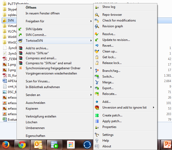 Windows Explorer (TortoiseSVN) Nutzung bei der Entwicklung Update und Commit direkt aufrufbar weitere Funktionen über