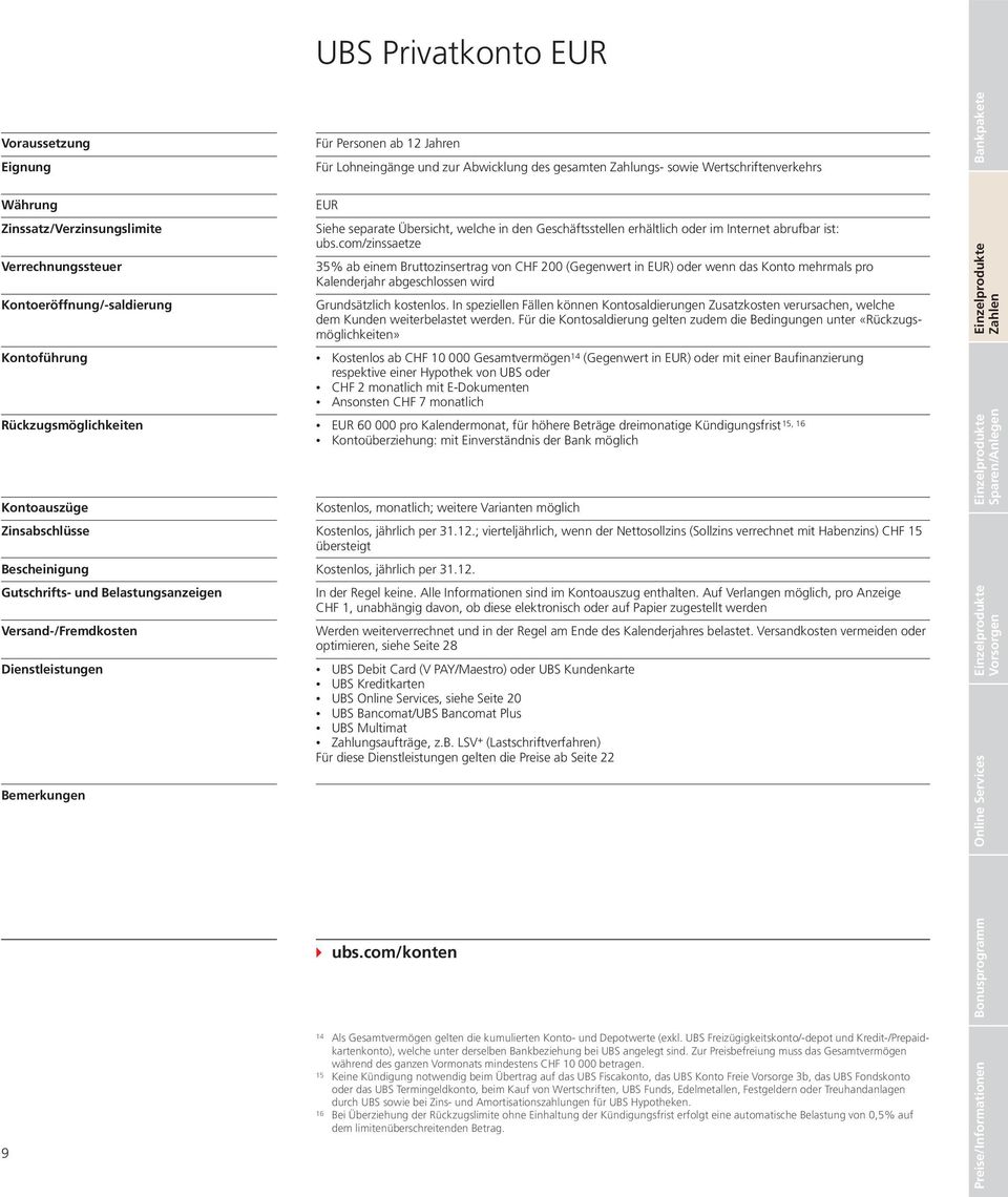 Bemerkungen EUR Siehe separate Übersicht, welche in den Geschäftsstellen erhältlich oder im Internet abrufbar ist: ubs.