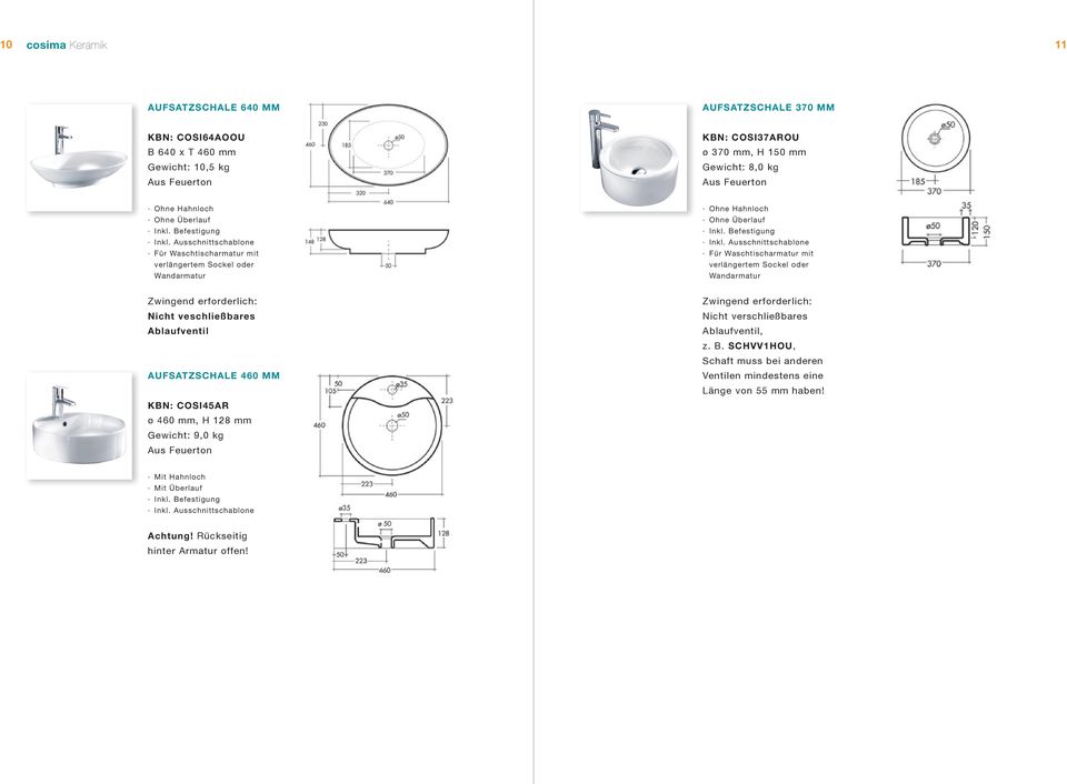 Ausschnittschablone Für Waschtischarmatur mit Ohne  Ausschnittschablone Für Waschtischarmatur mit Ablaufventil AUFSATZSCHALE 460 MM KBN: COSI45AR ø 460 mm, H 128 mm