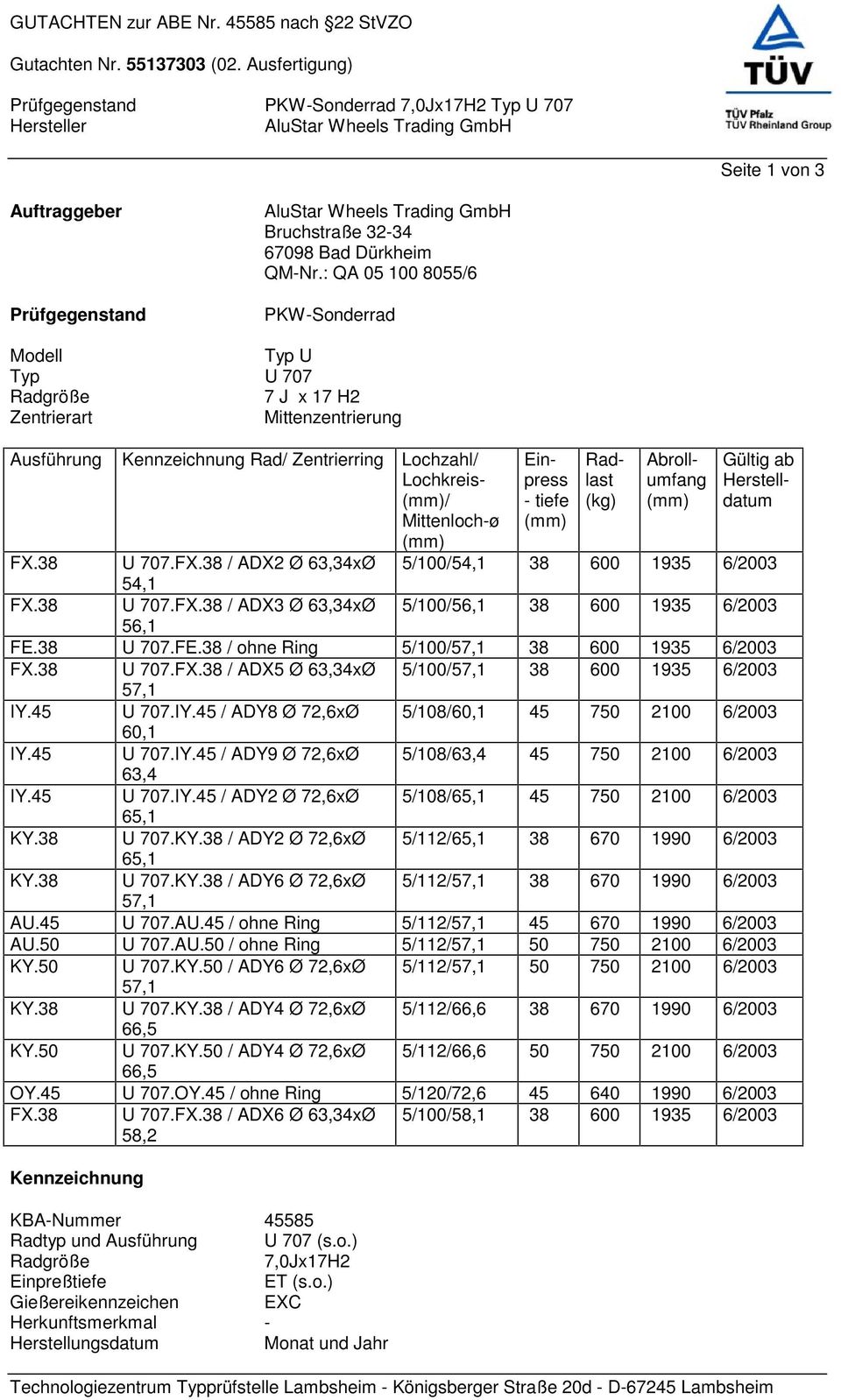 38 Kennzeichnung Rad/ Zentrierring Lochzahl/ Lochkreis- / Mittenloch-ø U 707.FX.