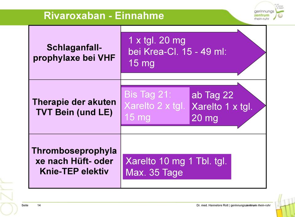 15-49 ml: 15 mg Therapie der akuten TVT Bein (und LE) Bis Tag 21: Xarelto