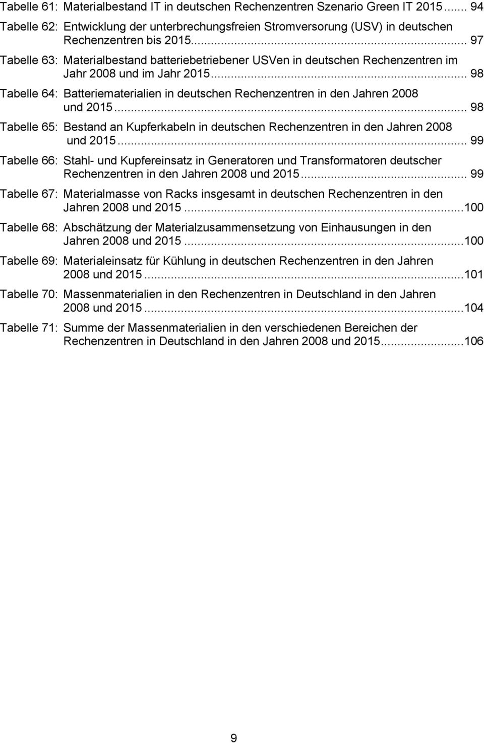 .. 98 Tabelle 64: Batteriematerialien in deutschen Rechenzentren in den Jahren 2008 und 2015... 98 Tabelle 65: Bestand an Kupferkabeln in deutschen Rechenzentren in den Jahren 2008 und 2015.