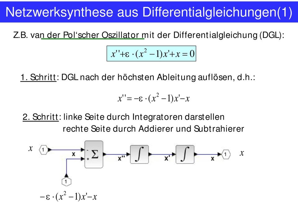 0 1. Schritt: DGL nach der höchsten Ableitung auflösen, d.h.: x'' ( x 2 1) x' x 2.