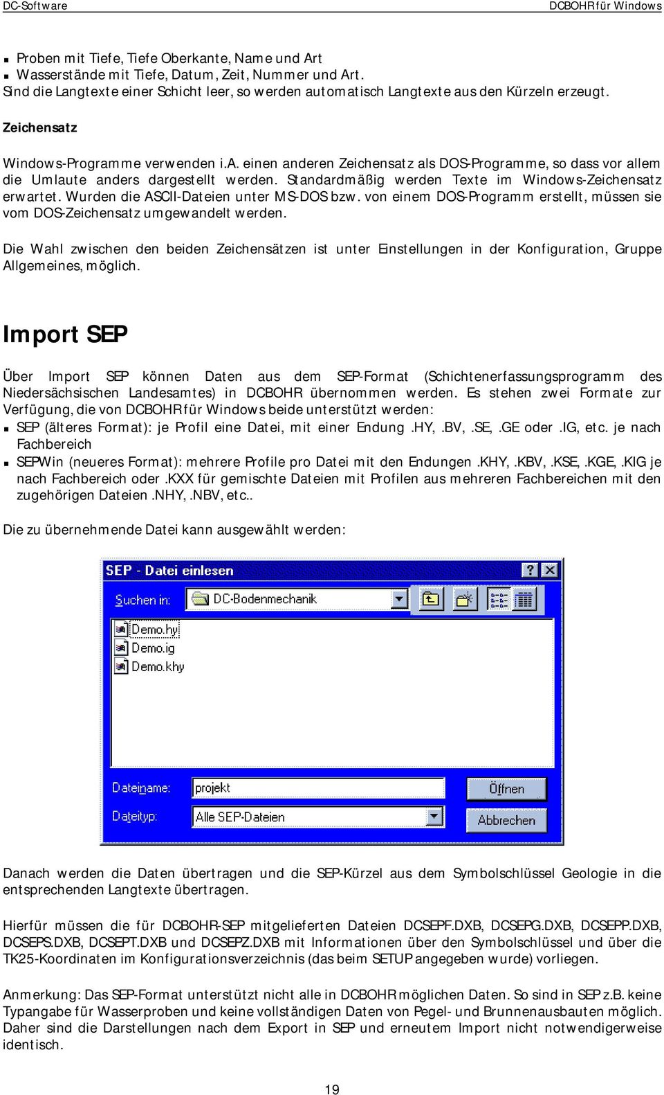 Standardmäßig werden Texte im Windows-Zeichensatz erwartet. Wurden die ASCII-Dateien unter MS-DOS bzw. von einem DOS-Programm erstellt, müssen sie vom DOS-Zeichensatz umgewandelt werden.