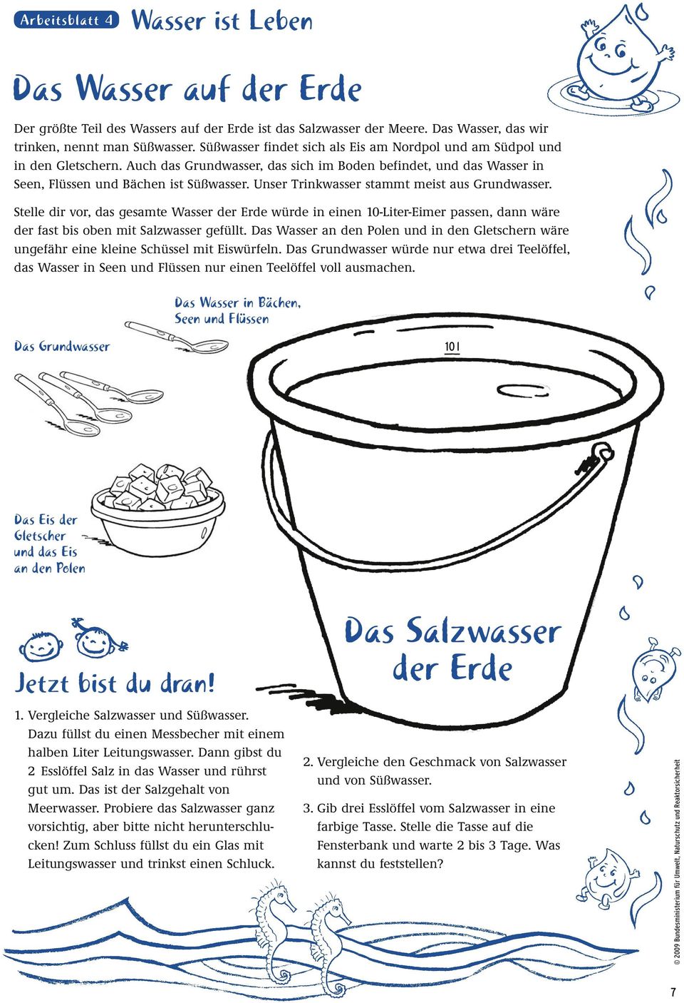 Unser Trinkwasser stammt meist aus Grundwasser. Stelle dir vor, das gesamte Wasser der Erde würde in einen 10-Liter-Eimer passen, dann wäre der fast bis oben mit Salzwasser gefüllt.