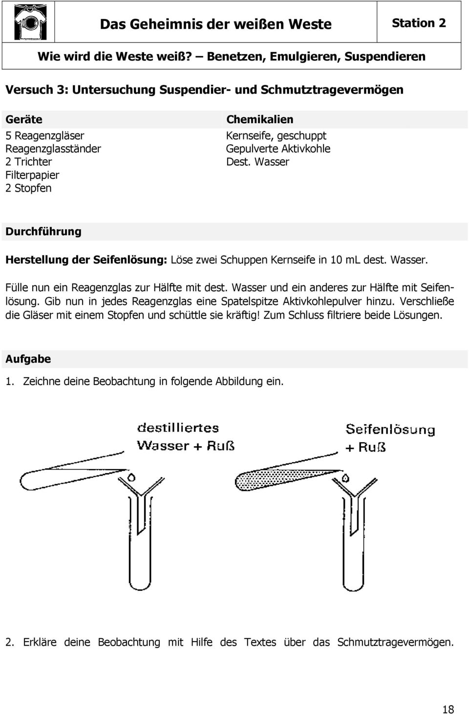 Trichter Dest. Wasser Filterpapier 2 Stopfen Durchführung Herstellung der Seifenlösung: Löse zwei Schuppen Kernseife in 10 ml dest. Wasser. Fülle nun ein Reagenzglas zur Hälfte mit dest.