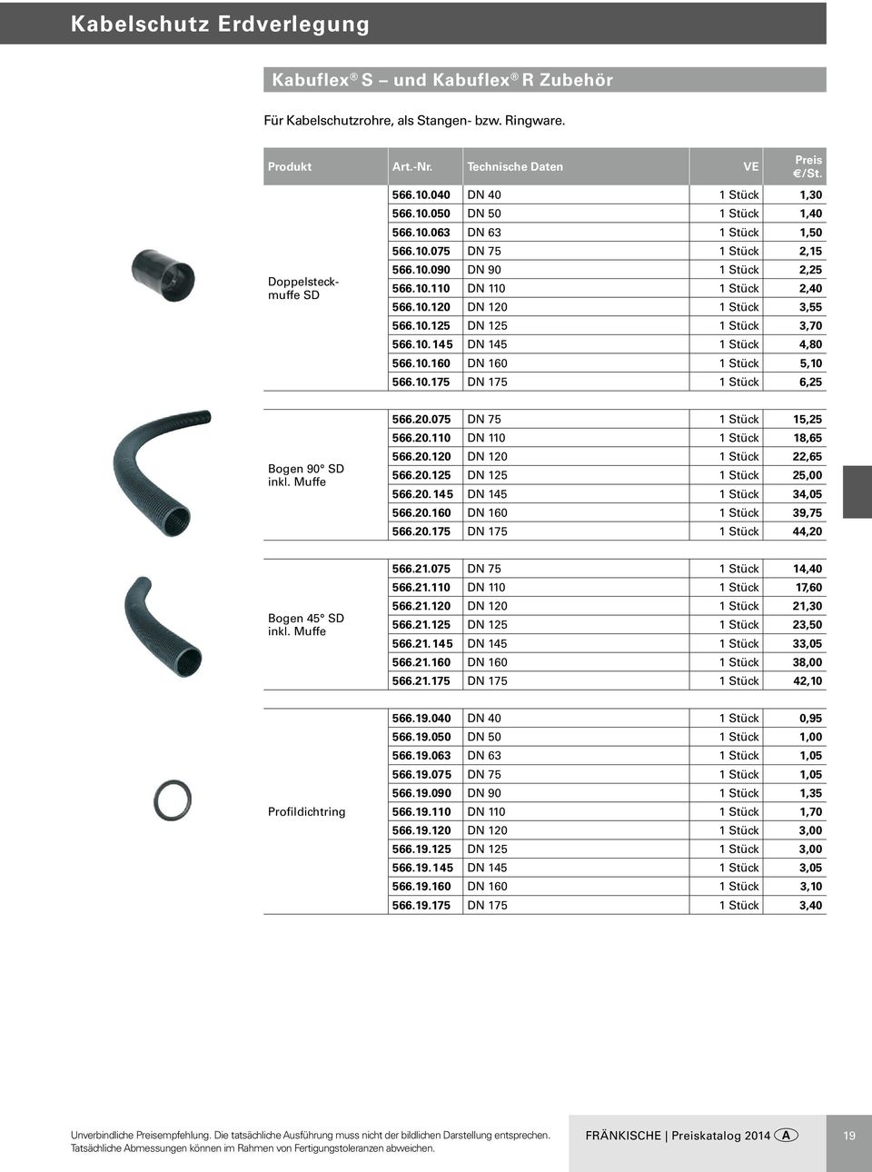 10.175 DN 175 1 Stück 6,25 Bogen 90 SD inkl. Muffe 566.20.075 DN 75 1 Stück 15,25 566.20.110 DN 110 1 Stück 18,65 566.20.120 DN 120 1 Stück 22,65 566.20.125 DN 125 1 Stück 25,00 566.20.145 DN 145 1 Stück 34,05 566.