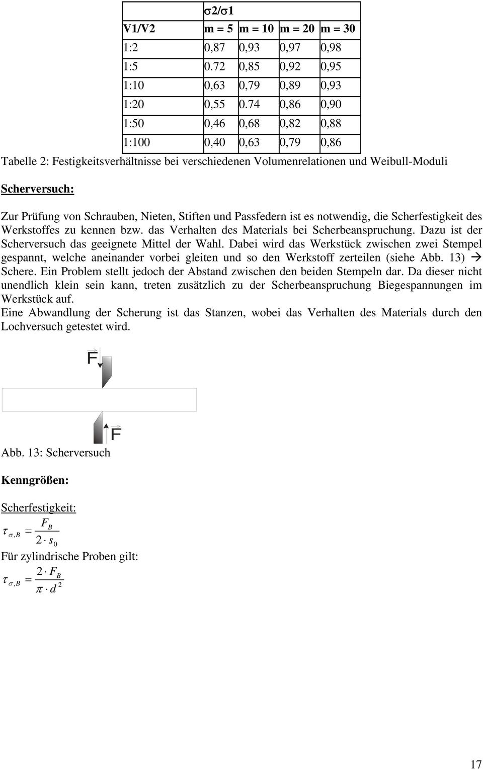 Nieten, Stiften und Passfedern ist es notwendig, die Scherfestigkeit des Werkstoffes zu kennen bzw. das Verhalten des Materials bei Scherbeanspruchung.