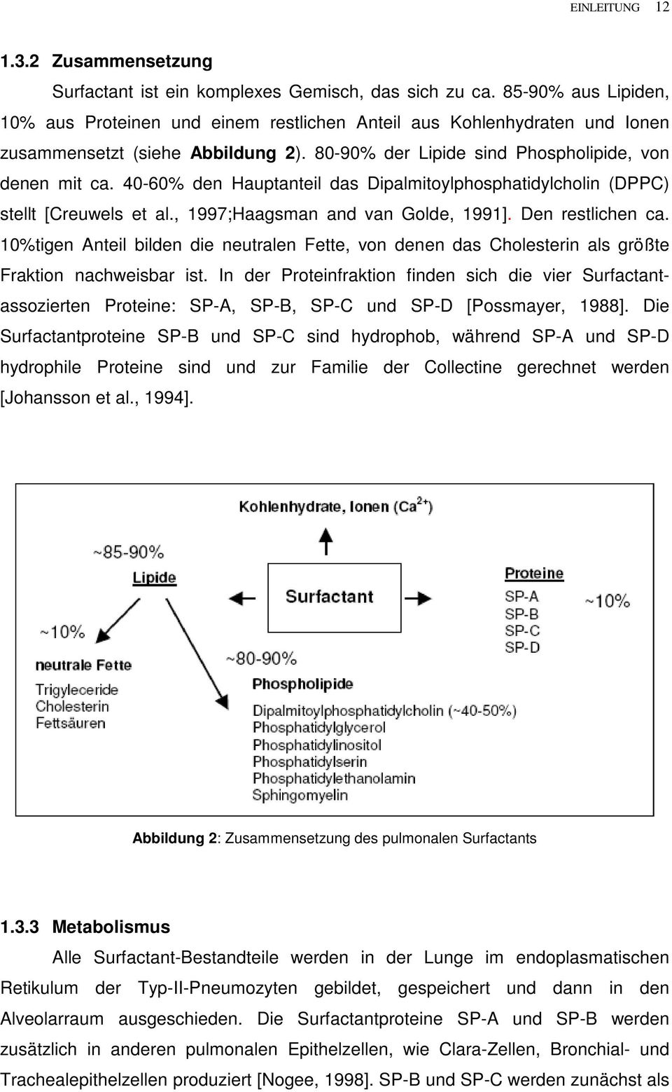 40-60% den Hauptanteil das Dipalmitoylphosphatidylcholin (DPPC) stellt [Creuwels et al., 1997;Haagsman and van Golde, 1991]. Den restlichen ca.