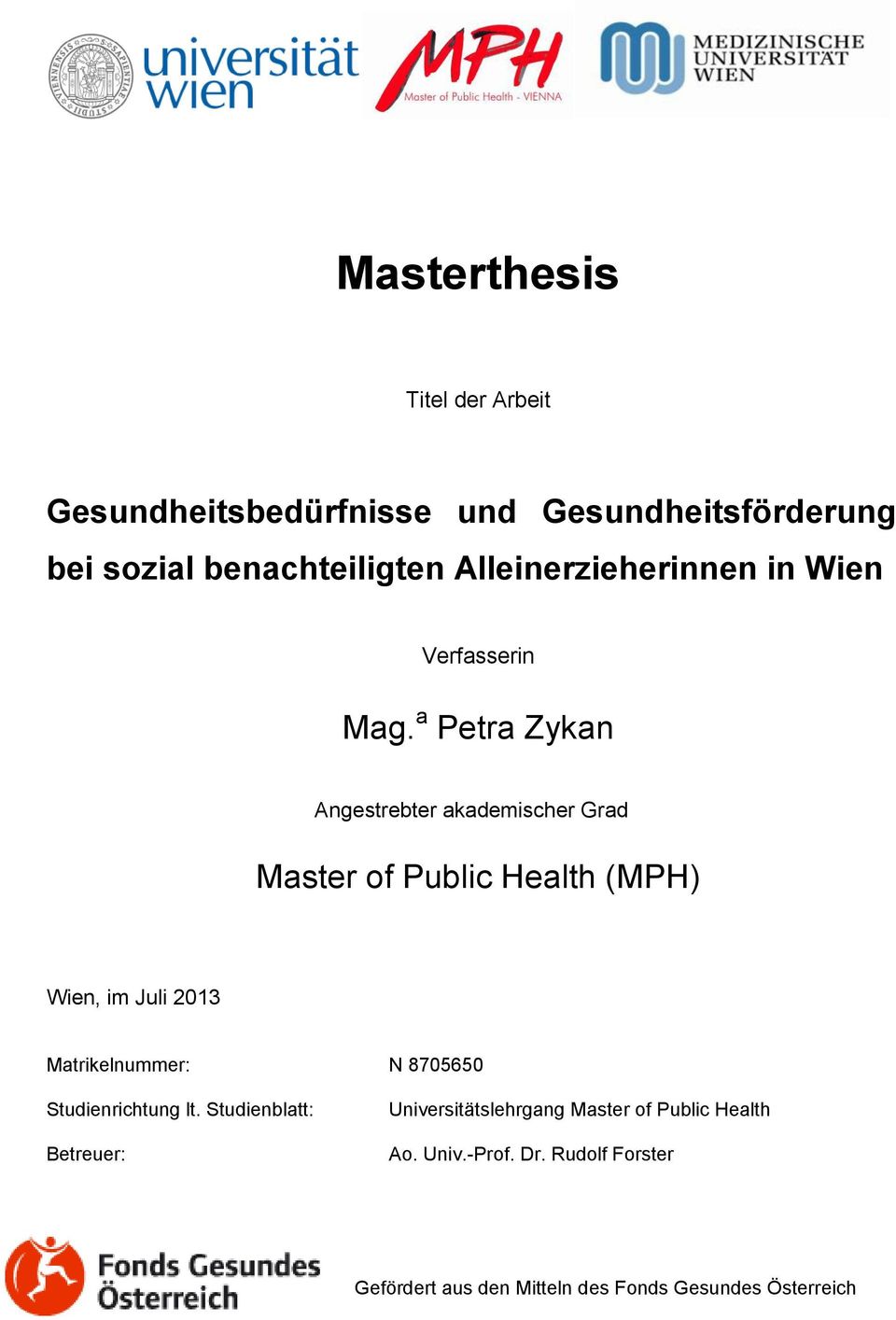 a Petra Zykan Angestrebter akademischer Grad Master of Public Health (MPH) Wien, im Juli 2013 Matrikelnummer: N