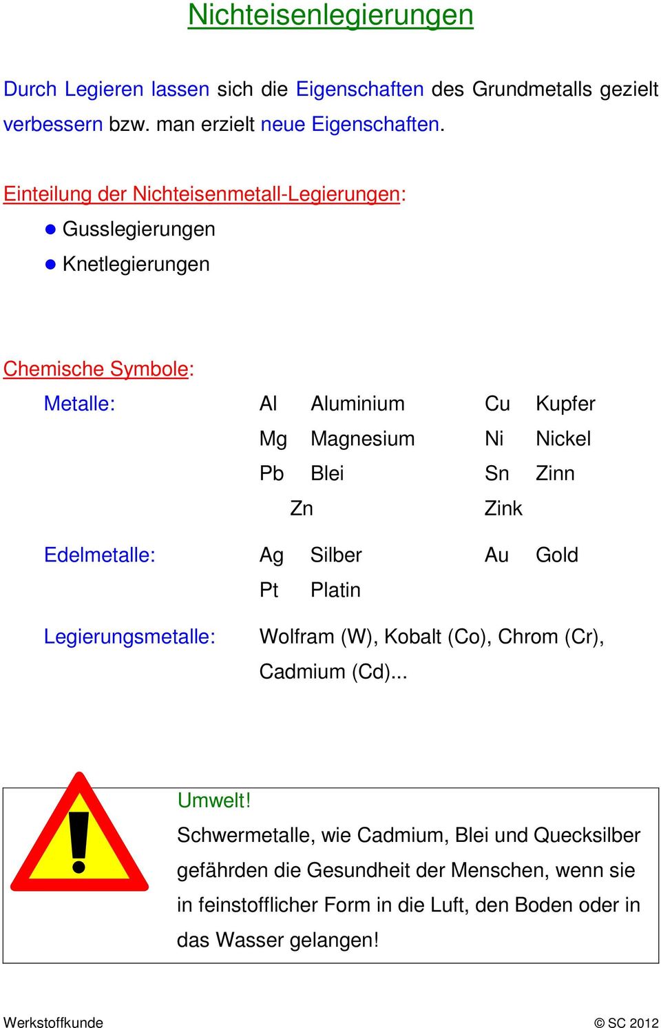 Pb Blei Sn Zinn Zn Zink Edelmetalle: Ag Silber Au Gold Pt Platin Legierungsmetalle: Wolfram (W), Kobalt (Co), Chrom (Cr), Cadmium (Cd)... Umwelt!