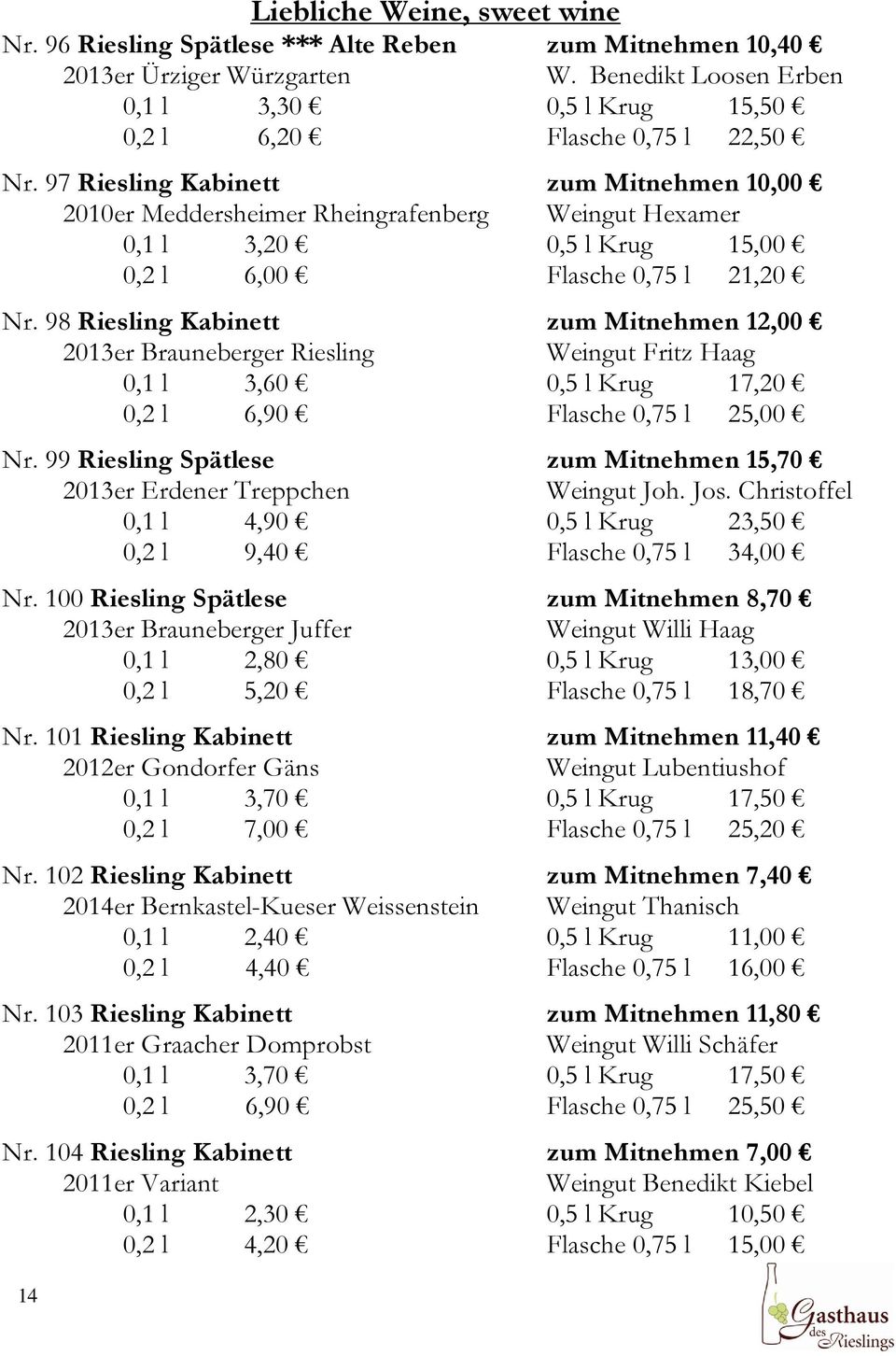97 Riesling Kabinett zum Mitnehmen 10,00 2010er Meddersheimer Rheingrafenberg Weingut Hexamer 0,1 l 3,20 0,5 l Krug 15,00 0,2 l 6,00 Flasche 0,75 l 21,20 Nr.