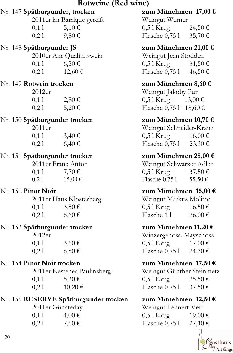 149 Rotwein trocken zum Mitnehmen 8,60 2012er Weingut Jakoby Pur 0,1 l 2,80 0,5 l Krug 13,00 0,2 l 5,20 Flasche 0,75 l 18,60 Nr.