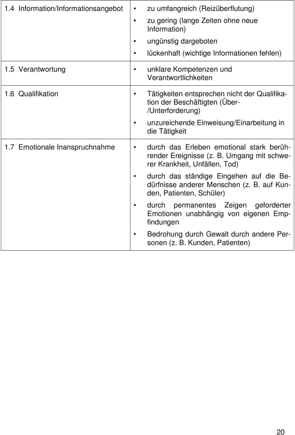 6 Qualifikation Tätigkeiten entsprechen nicht der Qualifikation der Beschäftigten (Über- /Unterforderung) unzureichende Einweisung/Einarbeitung in die Tätigkeit 1.