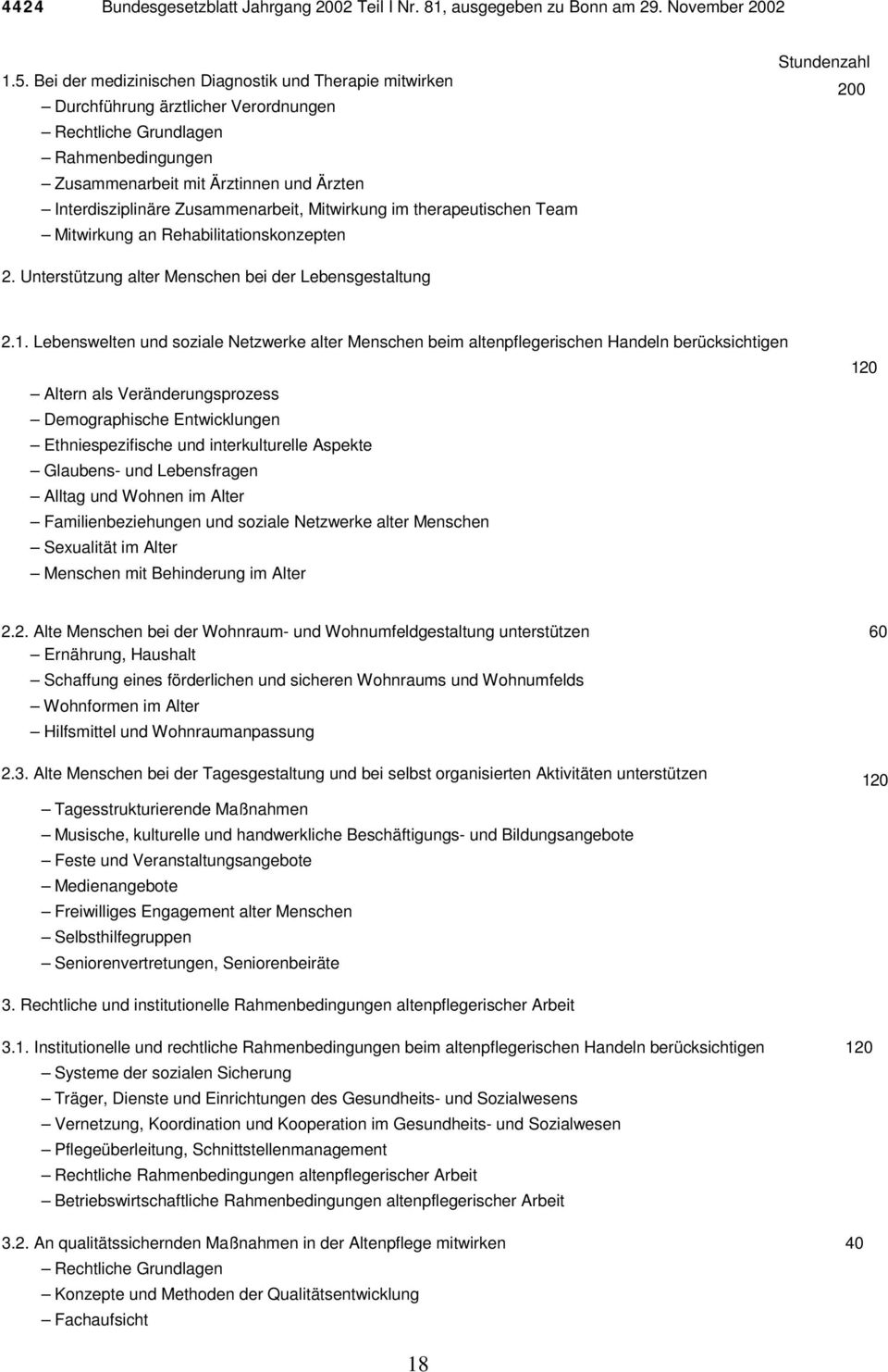 Zusammenarbeit, Mitwirkung im therapeutischen Team Mitwirkung an Rehabilitationskonzepten Stundenzahl 200 2. Unterstützung alter Menschen bei der Lebensgestaltung 2.1.