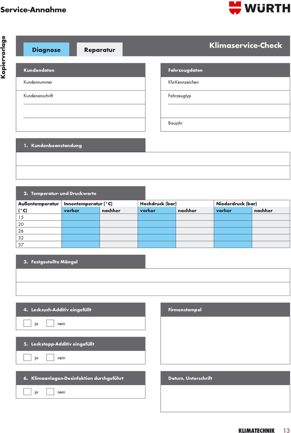 Temperatur- und Druckwerte Außentemperatur Innentemperatur ( C) Hochdruck (bar) Niederdruck (bar) ( C) vorher nachher vorher nachher