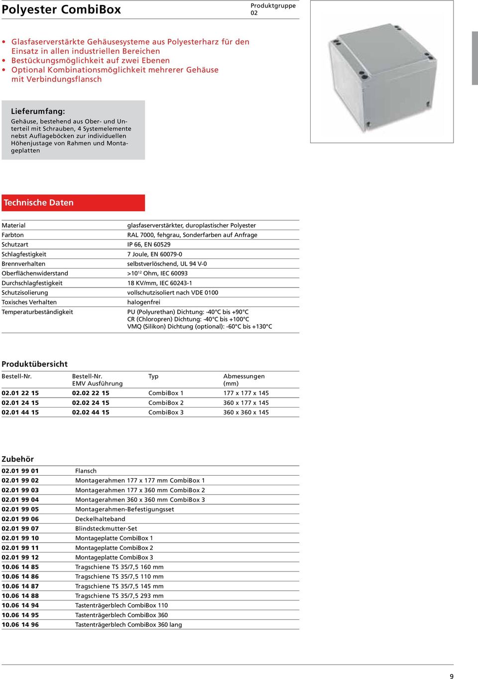 Montageplatten Material glasfaserverstärkter, duroplastischer Polyester Farbton RAL 7000, fehgrau, Sonderfarben auf Anfrage Schutzart IP 66, EN 60529 Schlagfestigkeit 7 Joule, EN 60079-0