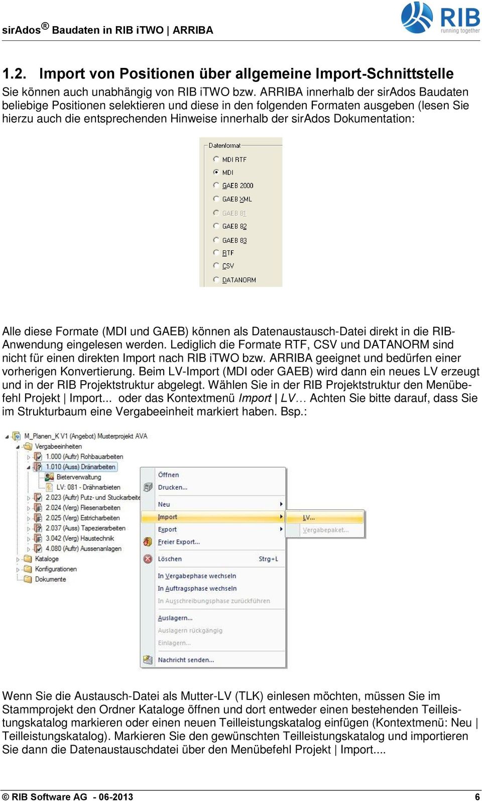 Dokumentation: Alle diese Formate (MDI und GAEB) können als Datenaustausch-Datei direkt in die RIB- Anwendung eingelesen werden.