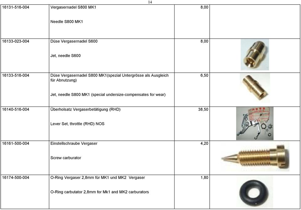 for wear) 16140-516-004 Überholsatz Vergaserbetätigung (RHD) 38,50 Lever Set, throttle (RHD) NOS 16161-500-004 Einstellschraube Vergaser