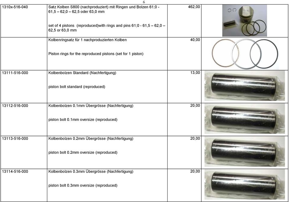 13,00 piston bolt standard (reproduced) 13112-516-000 Kolbenbolzen 0.1mm Übergrösse (Nachfertigung) 20,00 piston bolt 0.1mm oversize (reproduced) 13113-516-000 Kolbenbolzen 0.